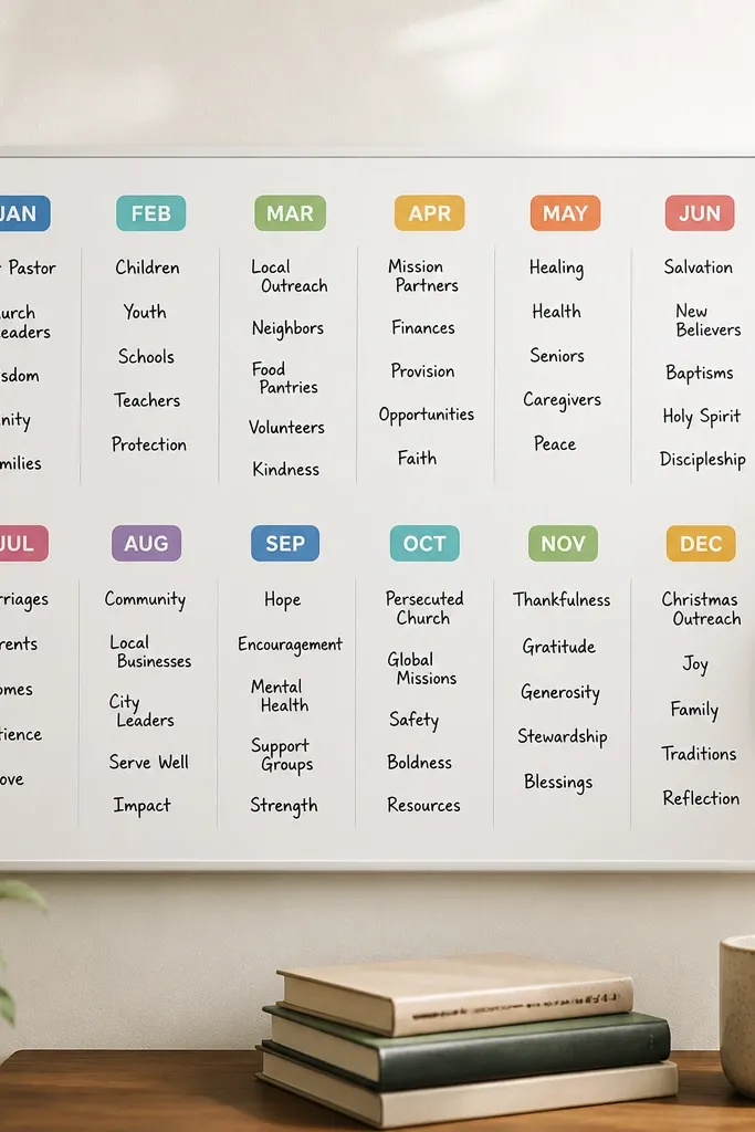 A compact whiteboard with rounded corners. Each month has a pre-cut vinyl sticker label. Under each label, handwritten prayer topics sit in tidy columns, with a small eraser magnet on the side.