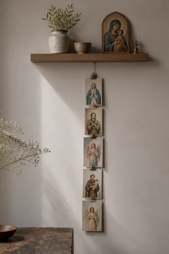 A wall with a thin floating shelf. Below it, a vertical line of photo clips holds small prayer cards in a neat column. The cards hang straight and overlap slightly.