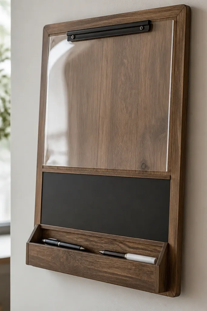 A large wooden clipboard mounted on the wall at a slight angle. A sheet of clear plastic covers the top section, and a small chalk marker note area sits beneath. The bottom has a built-in tray for pens.