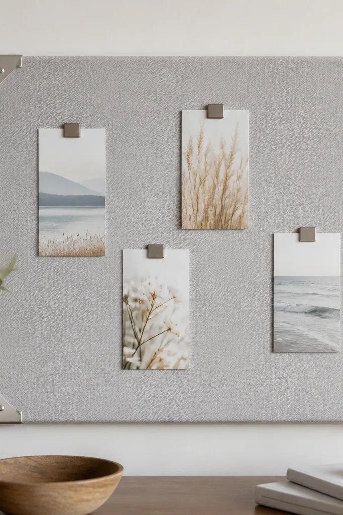 A rectangular board wrapped in light gray cotton fabric. Small square magnets hold printed verse tiles. Metal corner brackets frame the board and keep fabric tight at the edges.