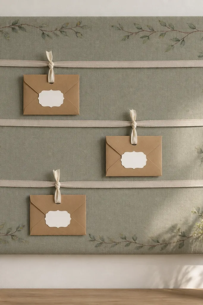 A painted cork or fabric board with three raised ribbon lines. Small kraft paper envelopes hang from the ribbon with cloth ties. Each envelope has a label sticker in neat handwriting.