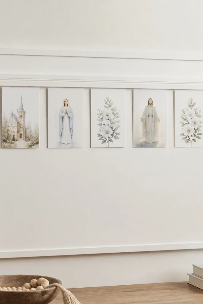 A smooth matte white MDF board with a thin painted border. Small printed prayer cards attach with hidden Command hooks under a strip of trim. The board looks clean and minimal.