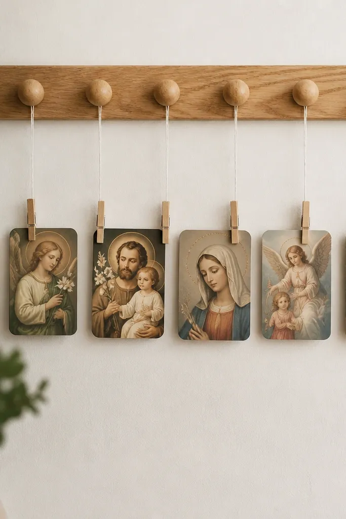 A warm oak board with a row of wooden beads spaced evenly. Thin white thread strings hang down with tiny clothespins holding prayer cards. The cards are small, 2x3 inches, with rounded corners.
