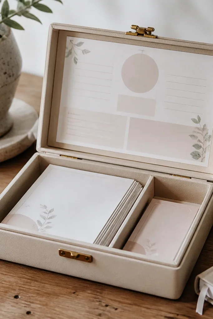 A small lidded box turned into a prayer station. The lid has a printed prayer layout under clear film. Inside, folded cards are stacked with a small divider.