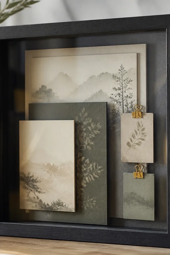 A deep shadow box frame with several layers. Behind glass, printed verses are mounted on thin cardstock panels. Small gold binder clips hold tags on one side.