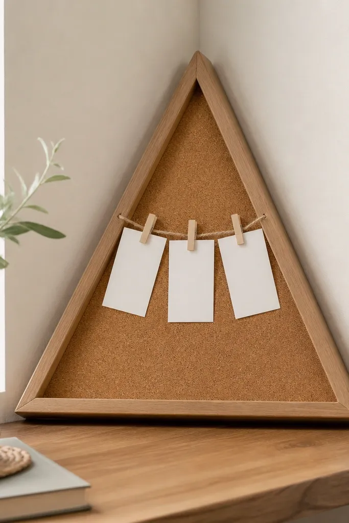 A small triangular board placed in a corner. It has a cork center and two angled sides. Mini clothespins hang from a top string line holding verse cards.