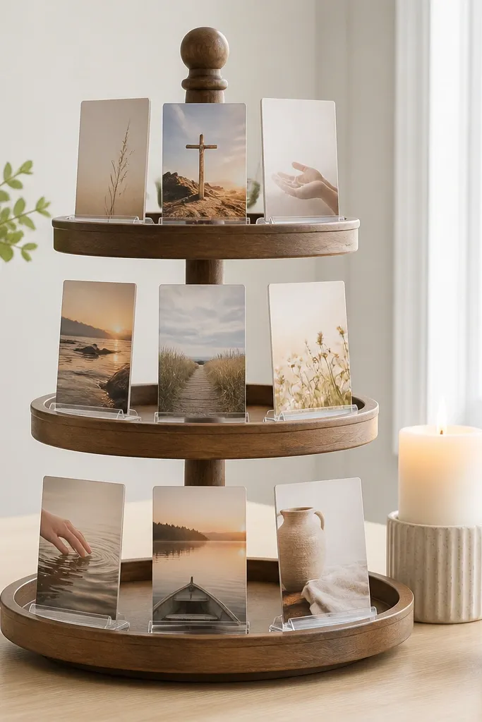 A tiered wooden tray with three levels. Each level holds a small acrylic stand with a printed prayer card. The tray is styled with a single candle and a pen cup.