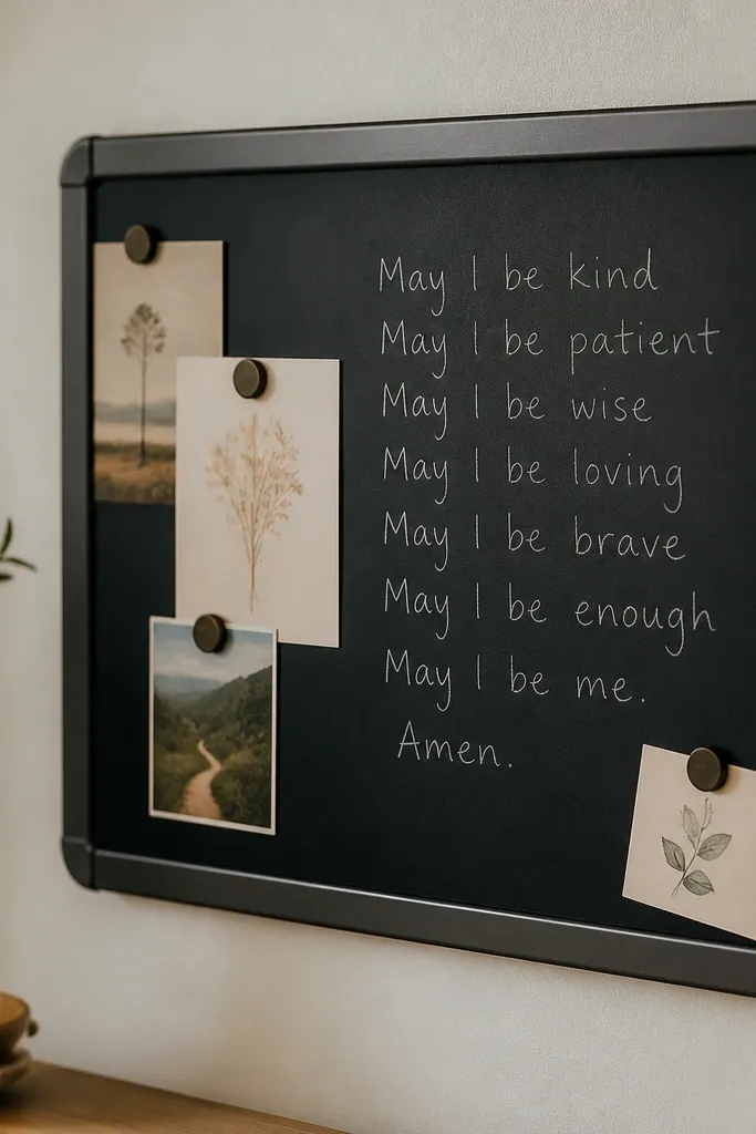 A small rectangular chalkboard panel mounted on a wall with magnetic edges. Several small magnets hold laminated notes. A handwritten prayer sits on the chalkboard in light gray.