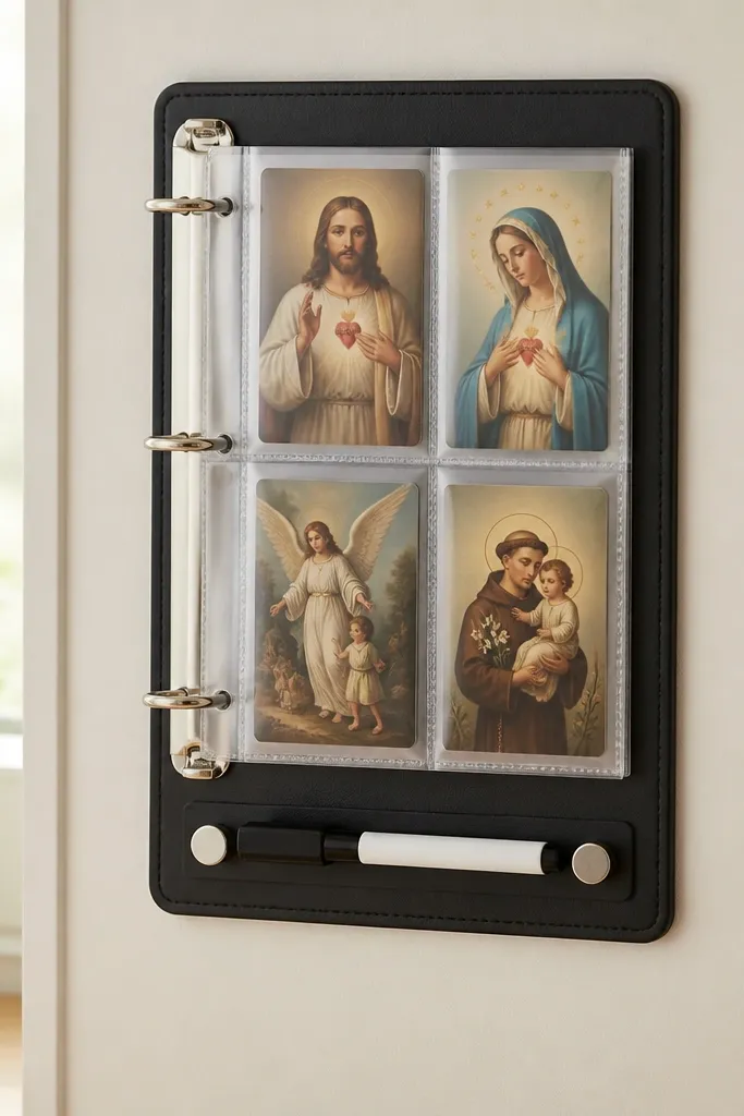 A small three-ring binder mounted vertically like a wall organizer. Inside, sheet protectors hold prayer cards. A magnet strip at the bottom holds a marker.