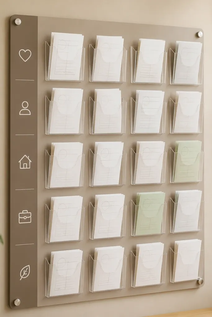 A wall panel with several clear acrylic pockets mounted in a grid. Each pocket holds a folded paper request. A small label strip at the side reads categories with white vinyl.