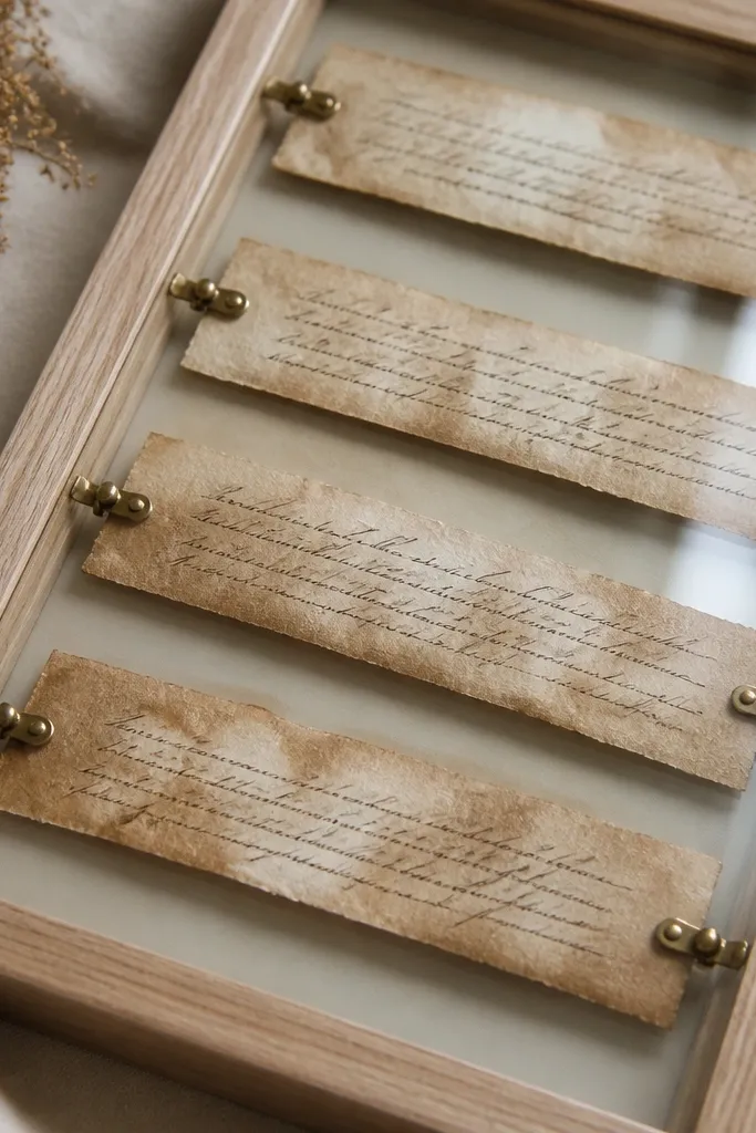 A light wood board with a glass top. Tea-stained paper strips hold verses in dark brown ink. Small brass clips hold the strips in place along the edges.