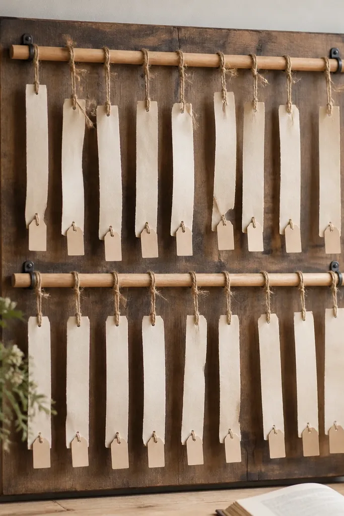Two horizontal wooden dowels mounted on a board. Scripture strips on thin paper are tied with twine to small hooks, creating a gentle hanging layout. Each strip has a small tag at the bottom.