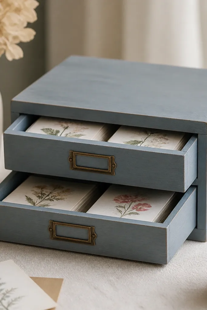 A small wooden board with two shallow sliding drawers. Each drawer has a label and holds a mini card set. The board has a simple painted finish in dusty blue.