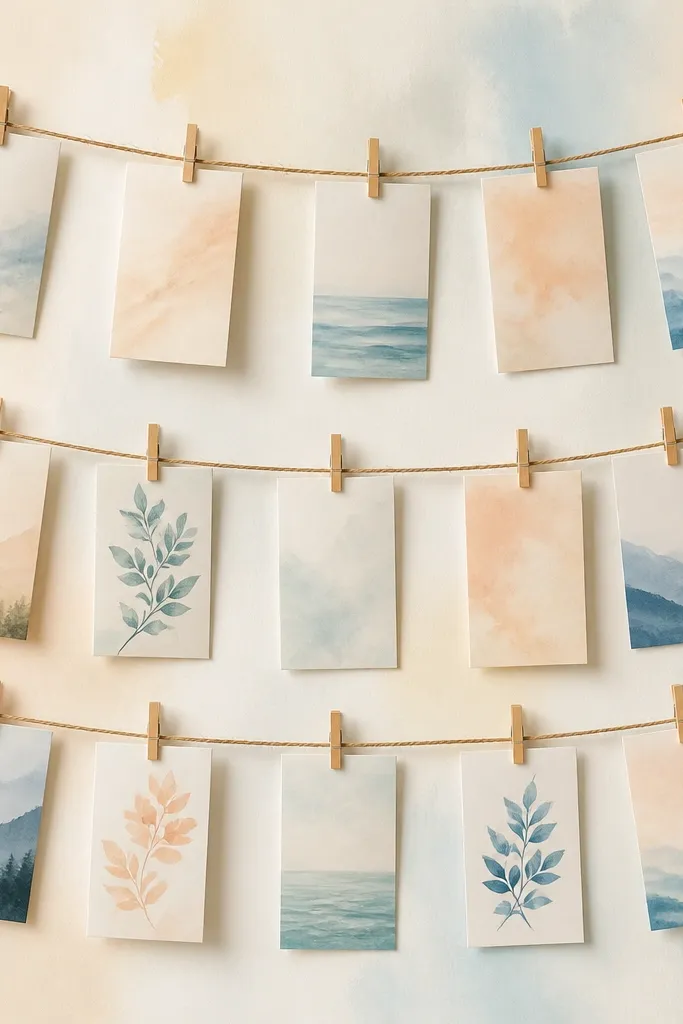 A cream board with a light watercolor wash in pale blue and peach. Several pieces of twine hang in gentle arcs. Laminated prayer strips are clipped to the twine with tiny clothespins.