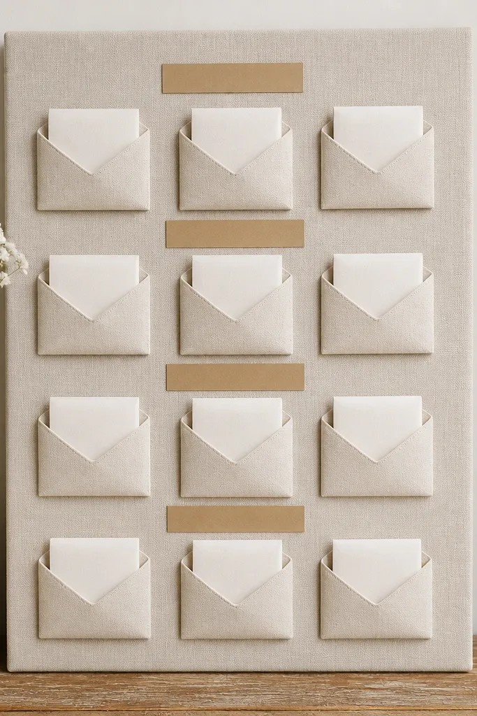 A beige linen board with a grid of small mini envelopes attached by Velcro. Each envelope holds a folded prayer card. A small label above each row is printed on kraft paper.