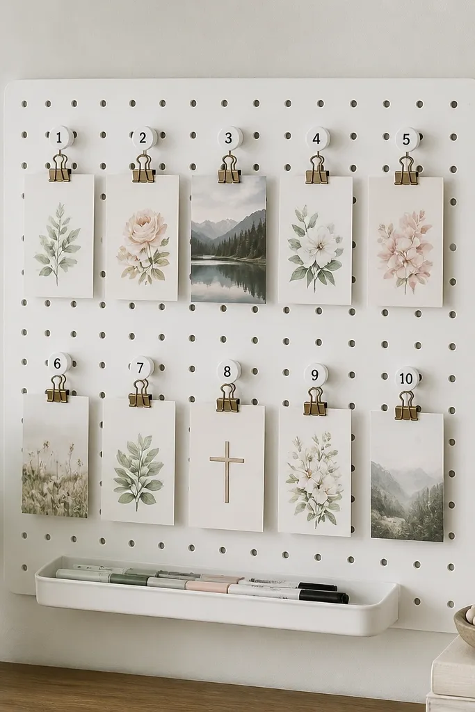 A white pegboard mounted on the wall with small numbered hooks. Printed prayer cards hang from binder clips attached to the hooks. A small tray at the bottom holds markers.