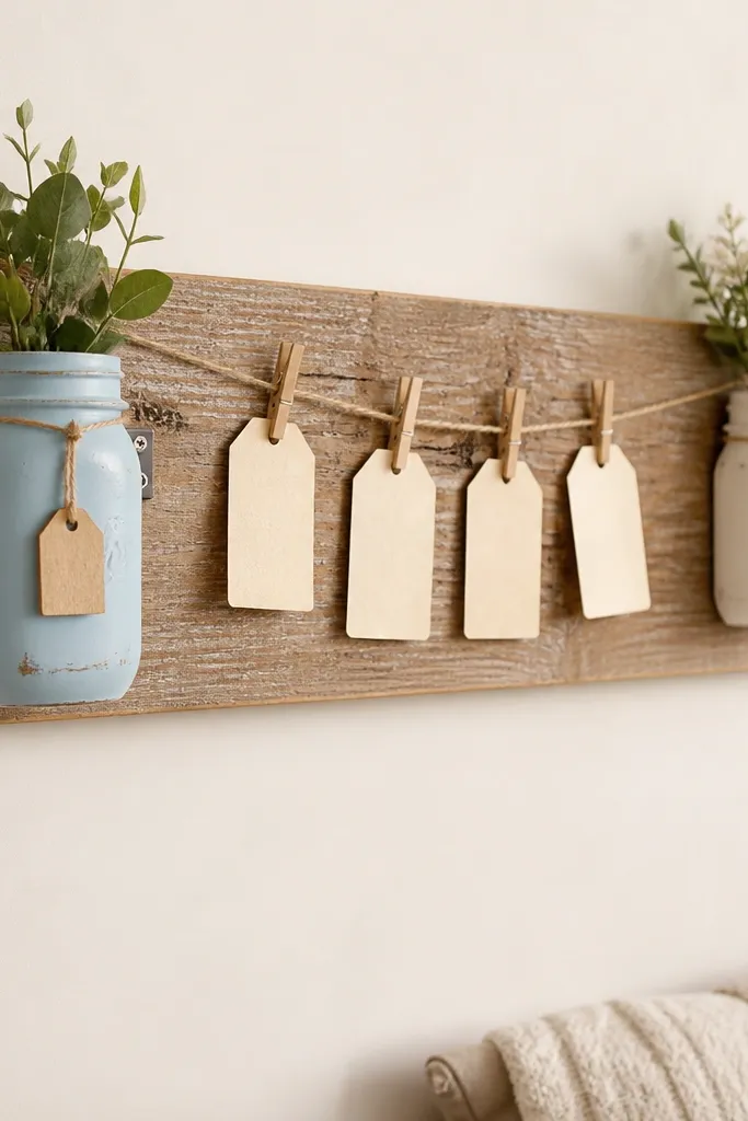A wooden board with two small painted mason jars mounted in a row. Between them, twine strings hold tag-shaped prayer cards. The jars have chalk labels and tiny wooden tags.