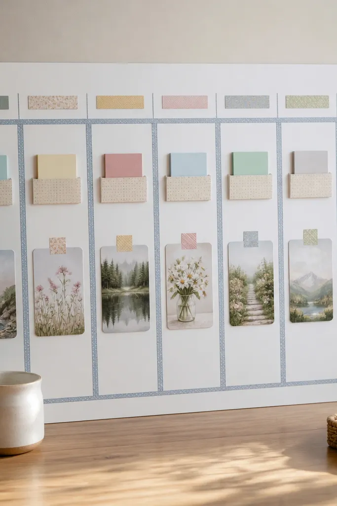 A laminated white base board with a weekly calendar grid made from washi tape. Each day has a small sticky note holder area. Prayer cards are attached with small pieces of removable tape.