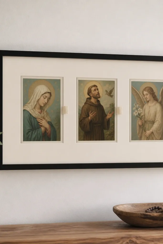 A slim black frame with a cream mat. Three printed prayer cards sit behind the glass or clear cover, each with a small fabric tab sticking out from the side.
