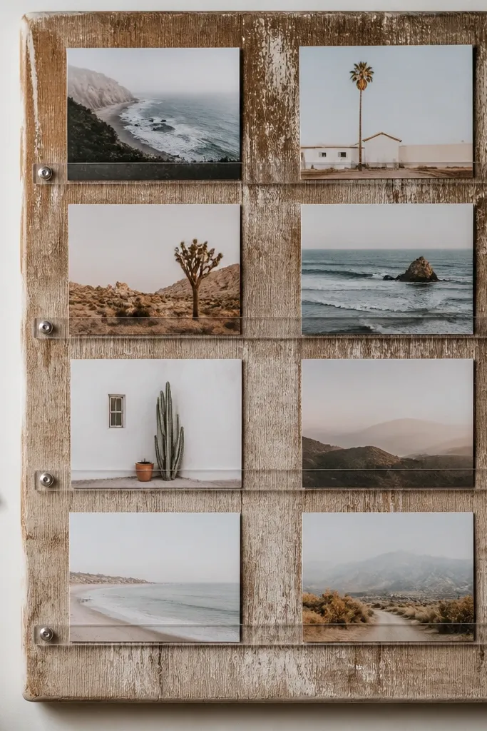 A distressed wood board with horizontal rails. Cards slide behind thin acrylic rails held by small screws. The cards sit in two vertical columns with consistent spacing.