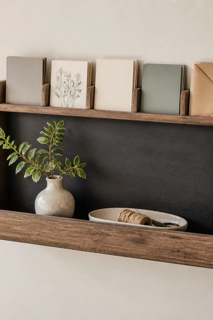 A shallow wooden tray mounted on the wall. Inside the tray, a chalkboard insert sits at the back, and small card holders line the top edge. Cards are held by thin wooden dividers.