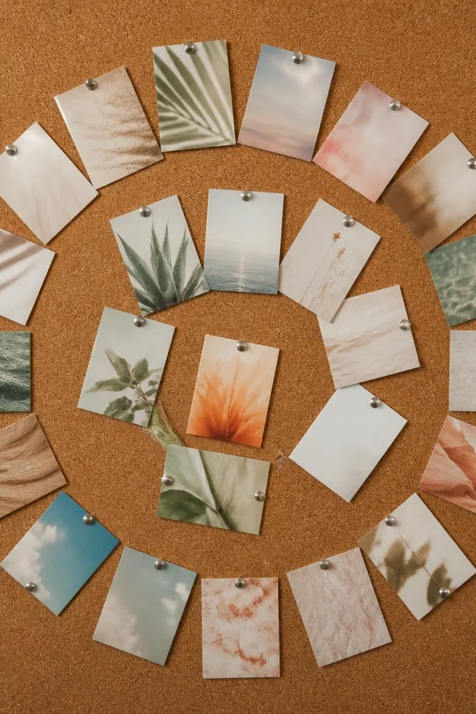 A cork board with small cards pinned using silver thumbtacks. Each card has a slightly glossy clear coat finish, catching light subtly. The cards are arranged in a tidy spiral of three rows.