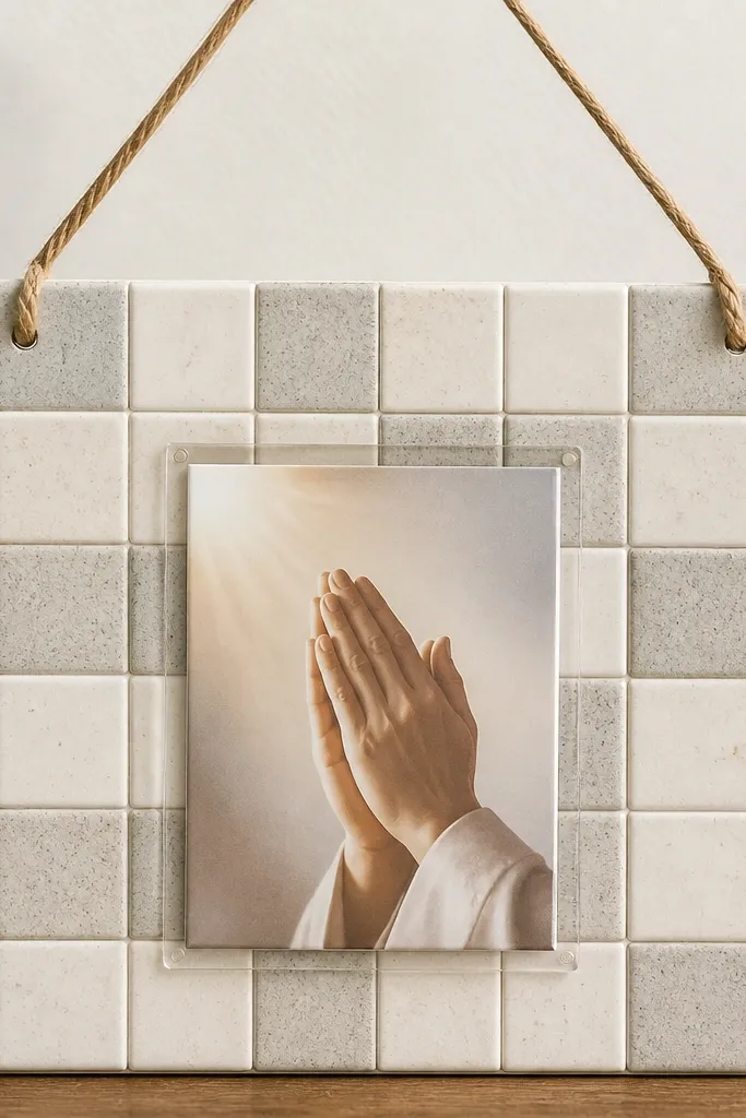 A small board covered with square ceramic tiles in off-white and speckled gray. A clear sleeve holds a printed prayer card near the center. A jute rope hanger attaches at the top corners.