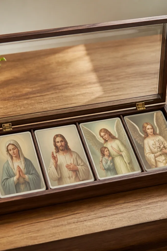 A small box-like board on a desk with a hinged clear cover. Under the cover, printed prayer cards sit in a row. The cover stays open and closes like a book, protecting the cards.