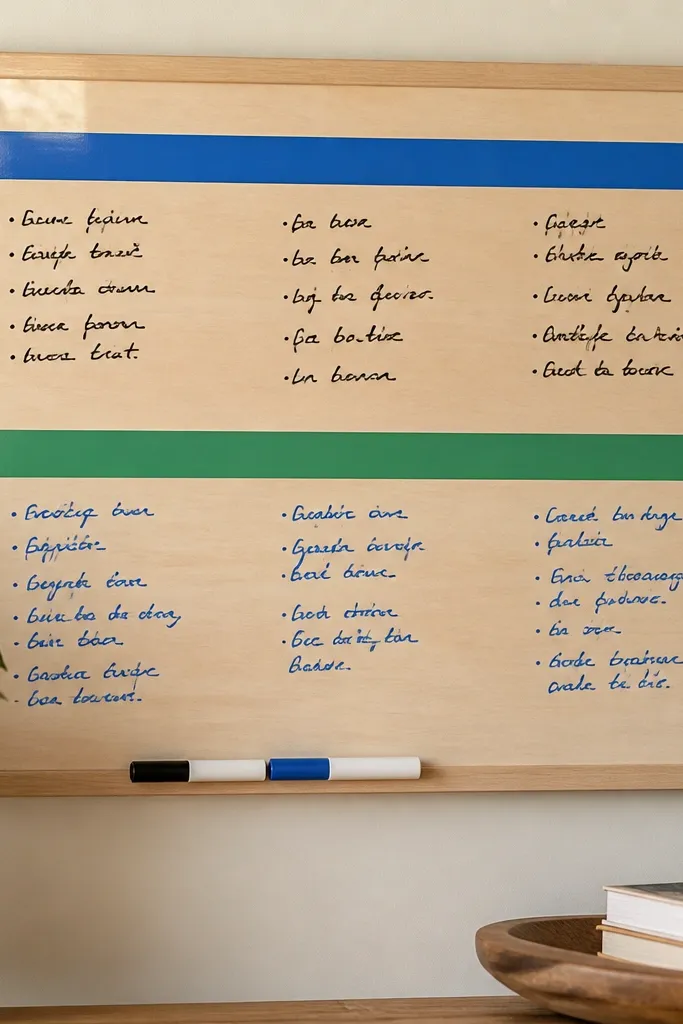 A light wood board with a glossy dry-erase coating. There are two horizontal removable category strips made from vinyl tape. The rest has handwritten prayers in black and blue marker.