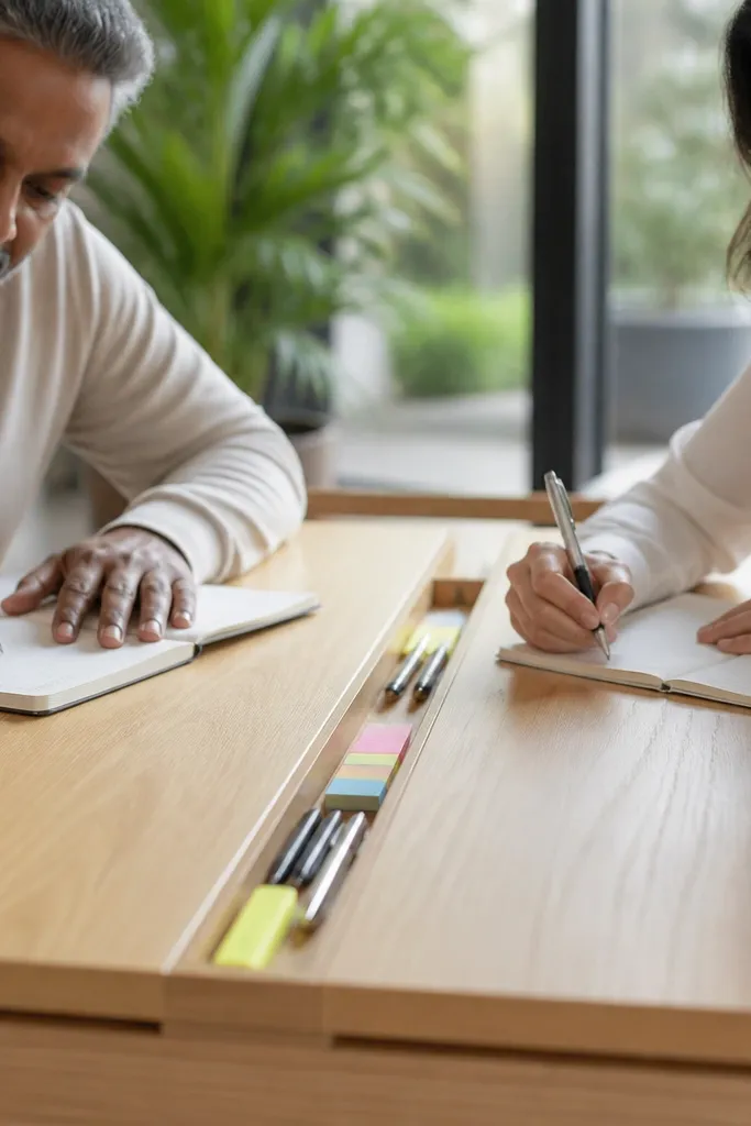 Light wood desk with two separated pen channels and a shared paper tray