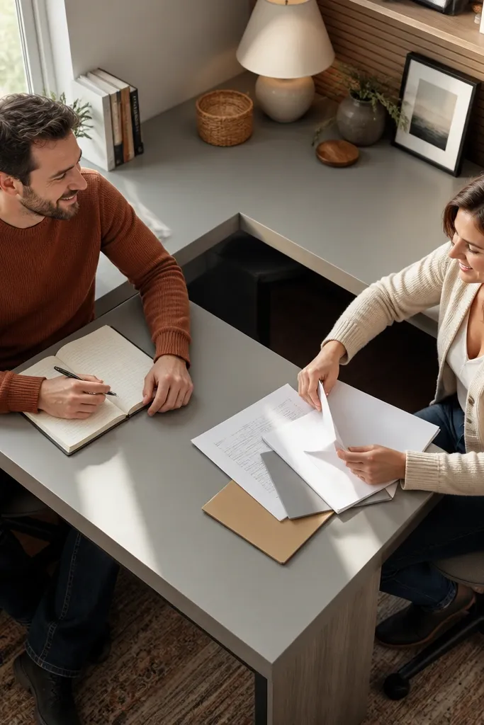 White L-shaped desk with a center paper landing and two side work areas