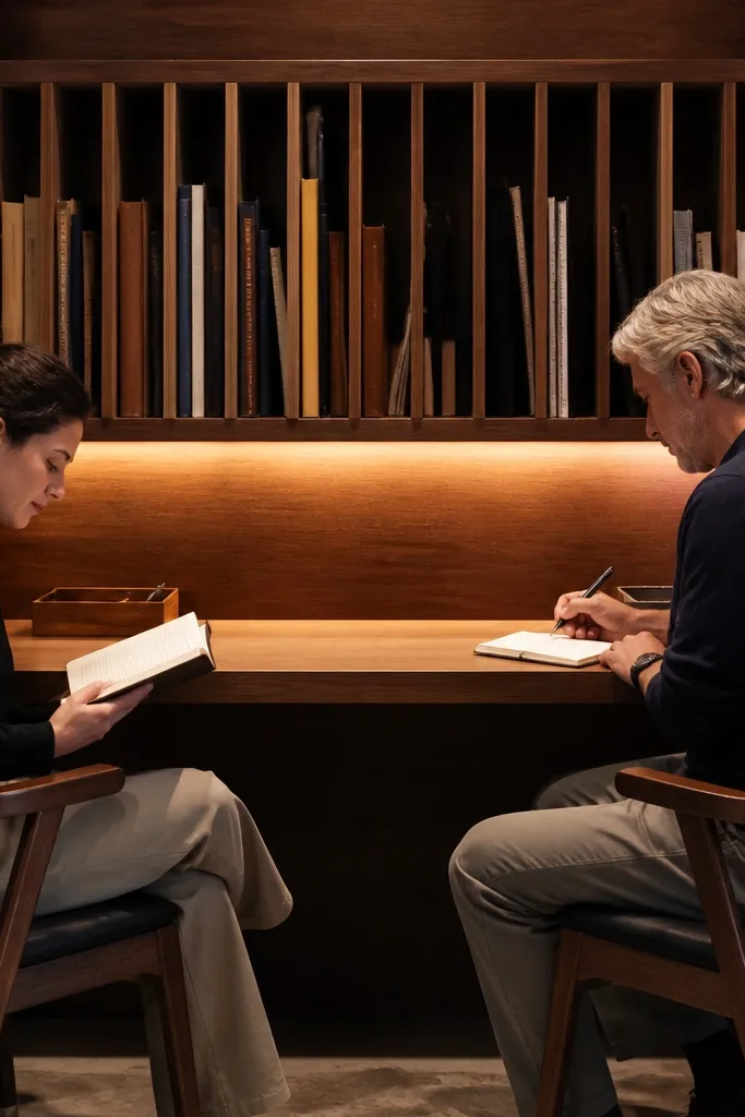 Desk with vertical divider shelves on one side and a clear tabletop for two people