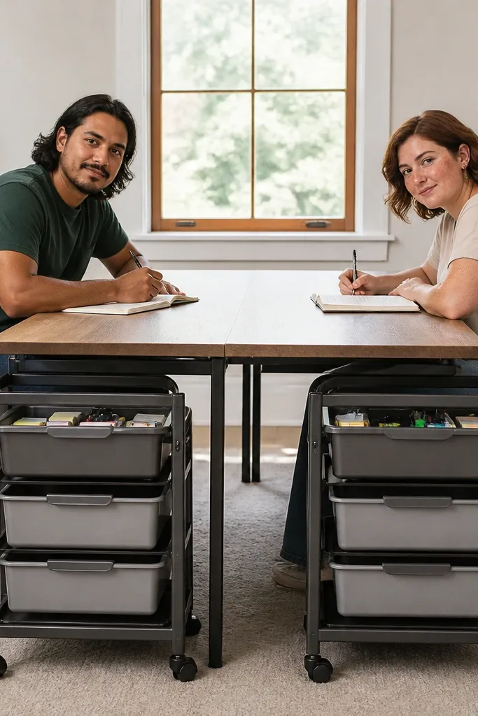 Two rolling carts tucked under a shared desk with labeled bins