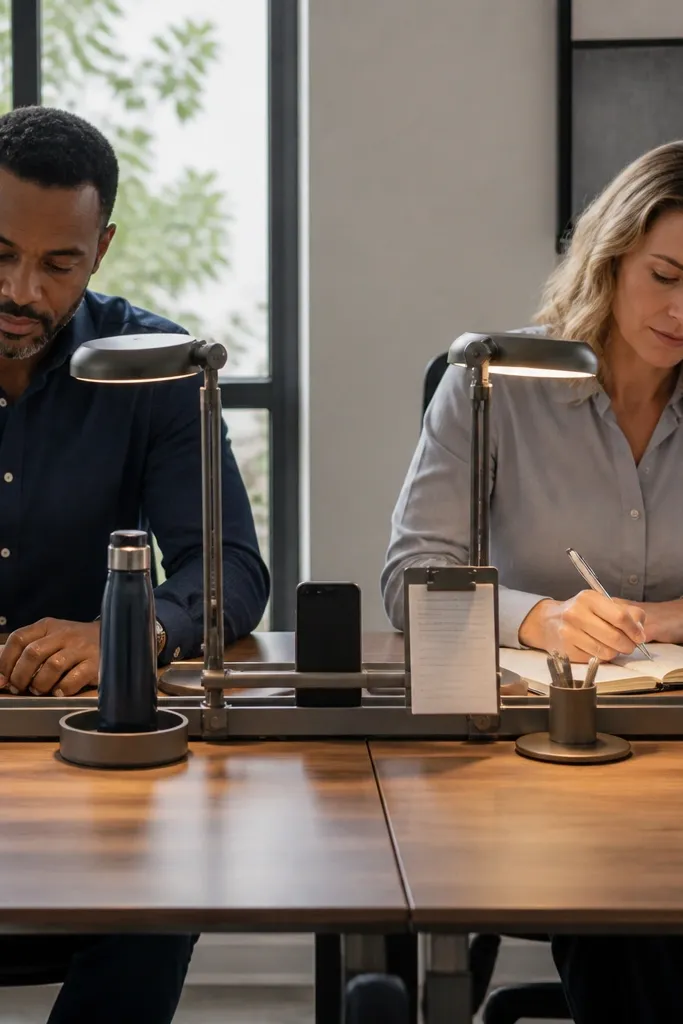 Shared desk with two lamps and a metal rail holding trays along the back