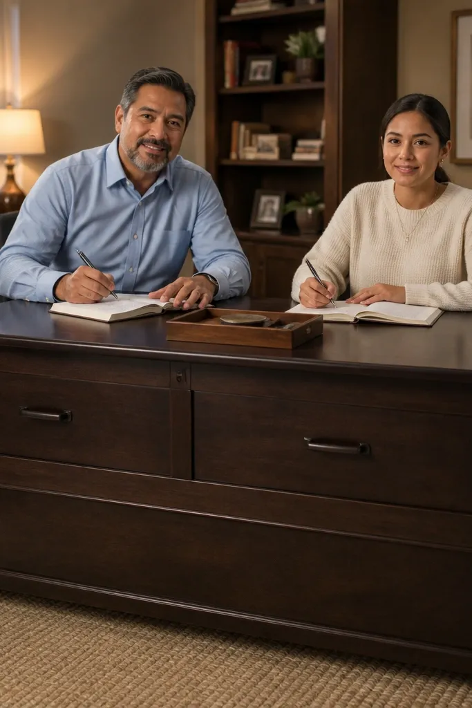 Storage bench desk with lift-up top and drawer fronts for two people