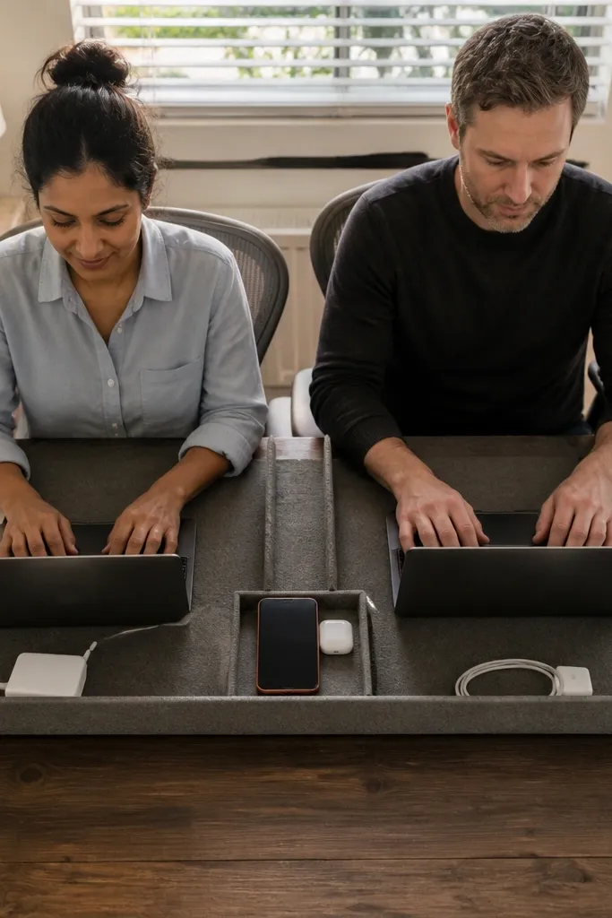 Desk topper tray with divided sections for laptop, notebook, and charger