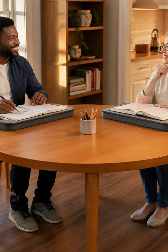 Shared desk with rounded edges and two lap-style trays for books and laptops