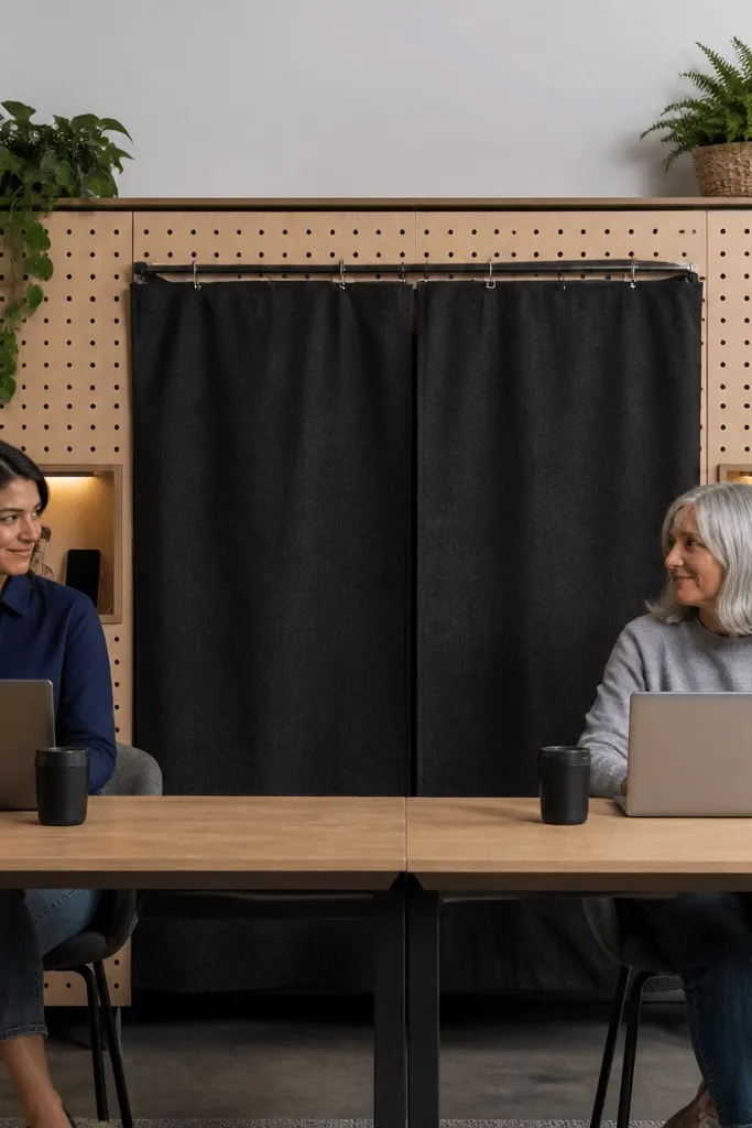 Pegboard behind desk with charging nooks and a cable curtain