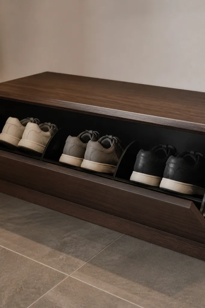 Wood bench with drop front showing multiple shoe compartments with small front lips