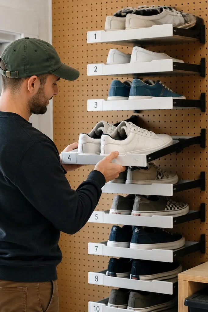 Pegboard wall with small pull-out trays labeled in a grid holding shoes