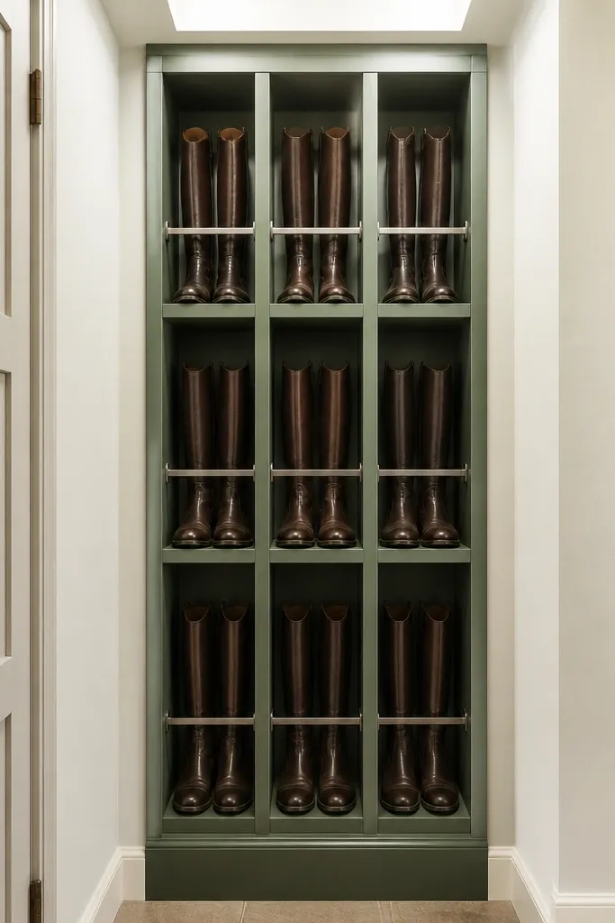 Tall vertical cabinet divided into boot sections with adjustable rails