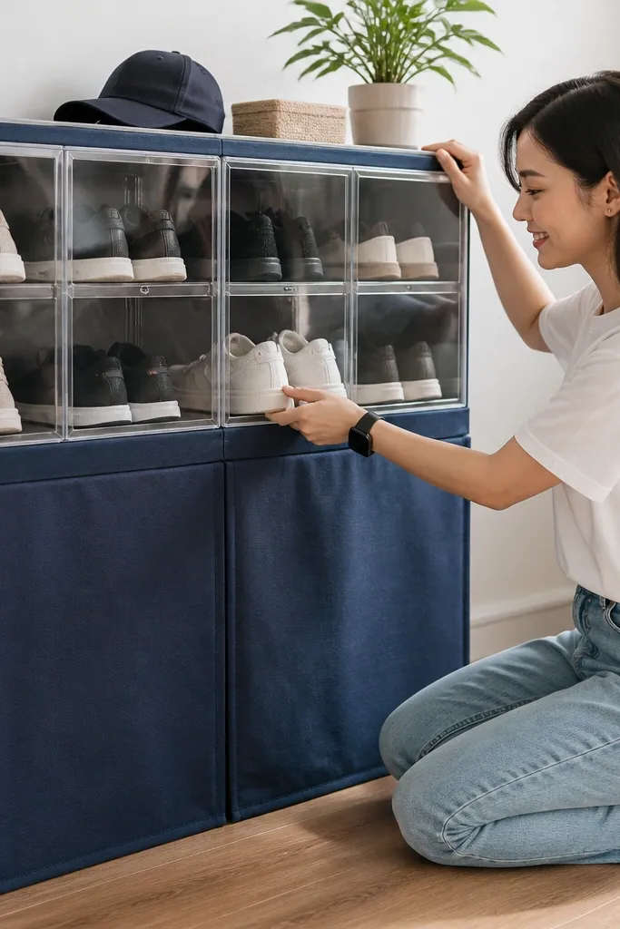 Cabinet with transparent front panels and a fabric curtain at the bottom