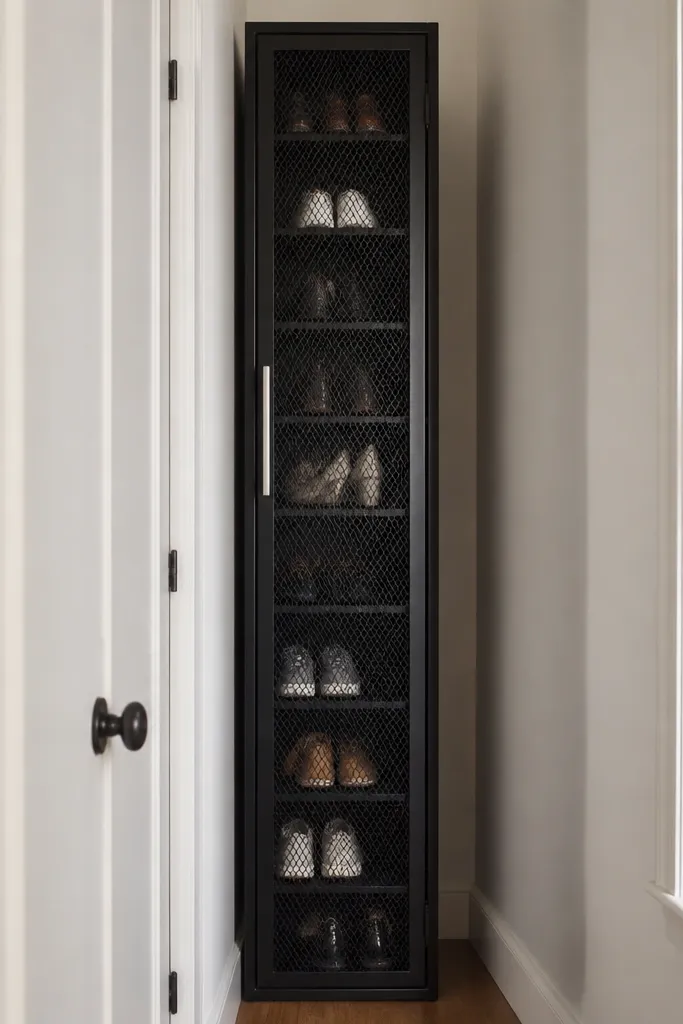 Slim tall cabinet with mesh door and side pull handle showing shoe compartments