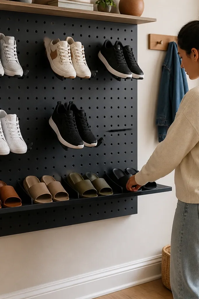 Painted pegboard with a bottom shelf and small cubbies holding shoes
