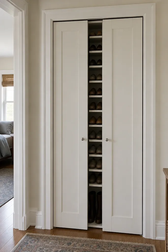 Closet cabinet with bifold doors closed over shoe compartments