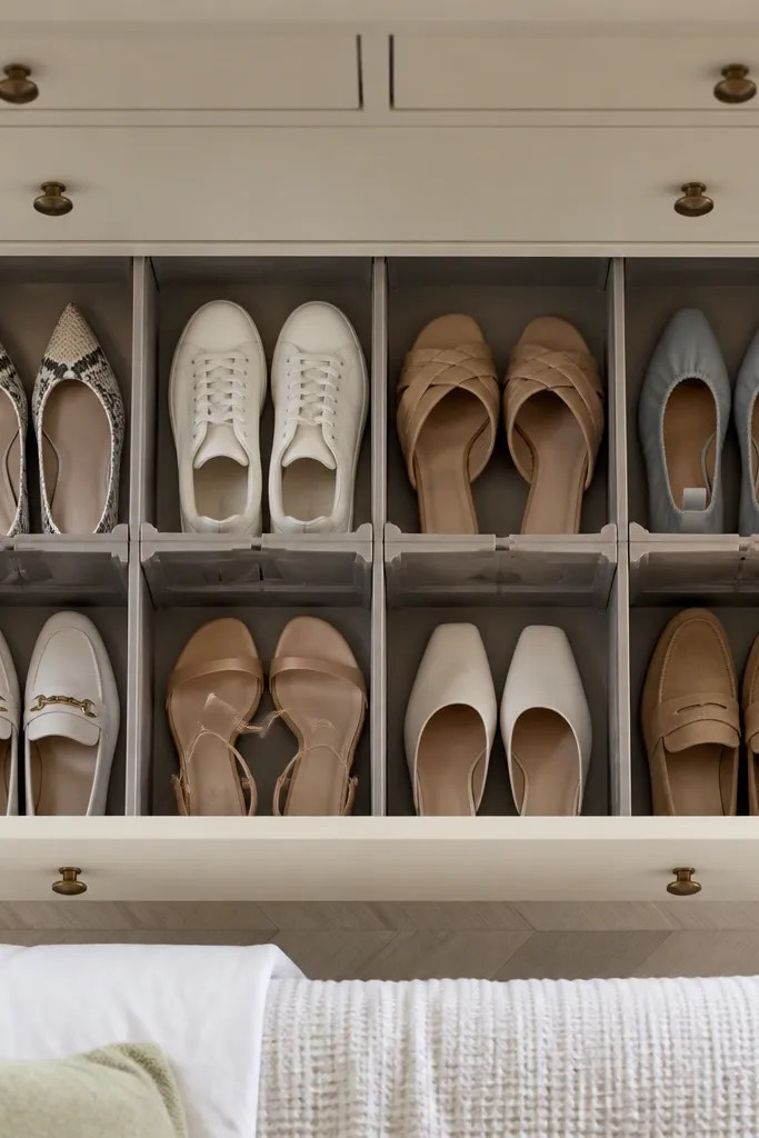 Drawer filled with modular dividers holding shoes in neat sections