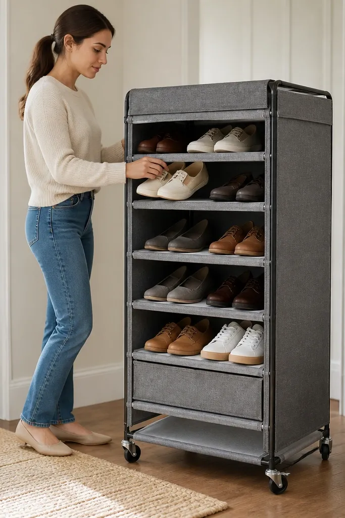 Rolling shoe cart with locking wheels and fabric-covered shelves
