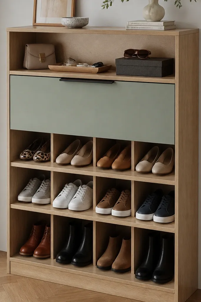 Wall shelf with a small drawer below and shoe slots aligned neatly