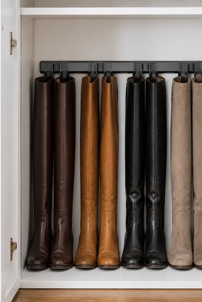 Tall cabinet interior with magnetic strips holding boot cuffs upright