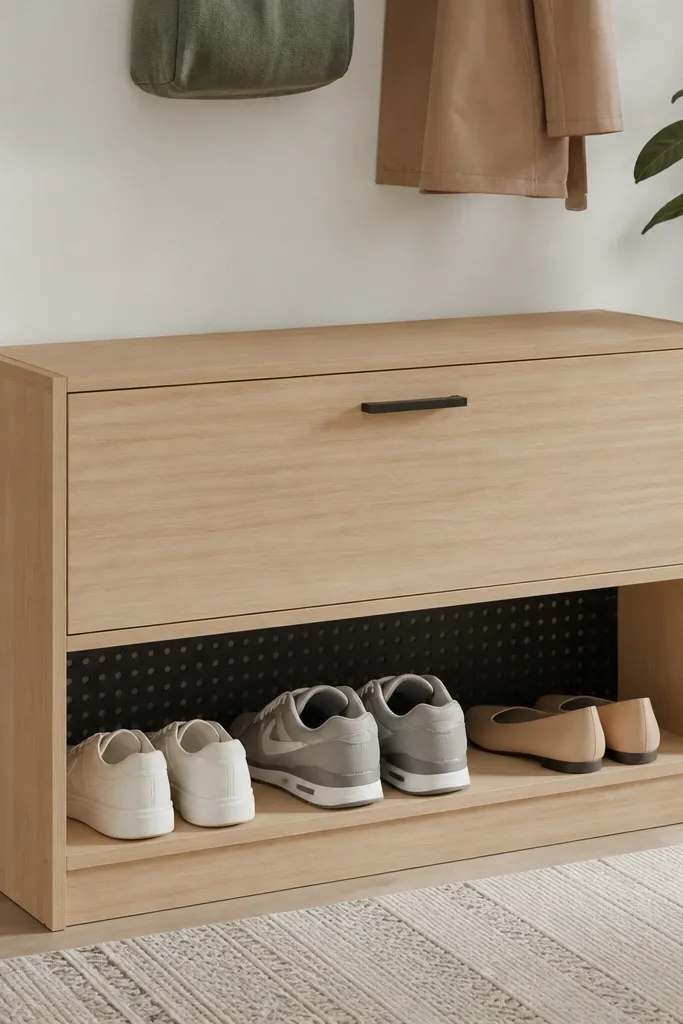 Two-tier shelf with flip-top lid and perforated back panel for airflow